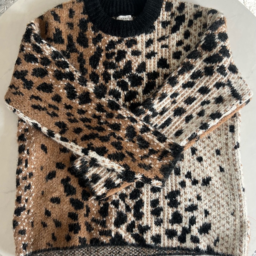 Topshop Sweater Oversized Leopard-Print Crewneck
